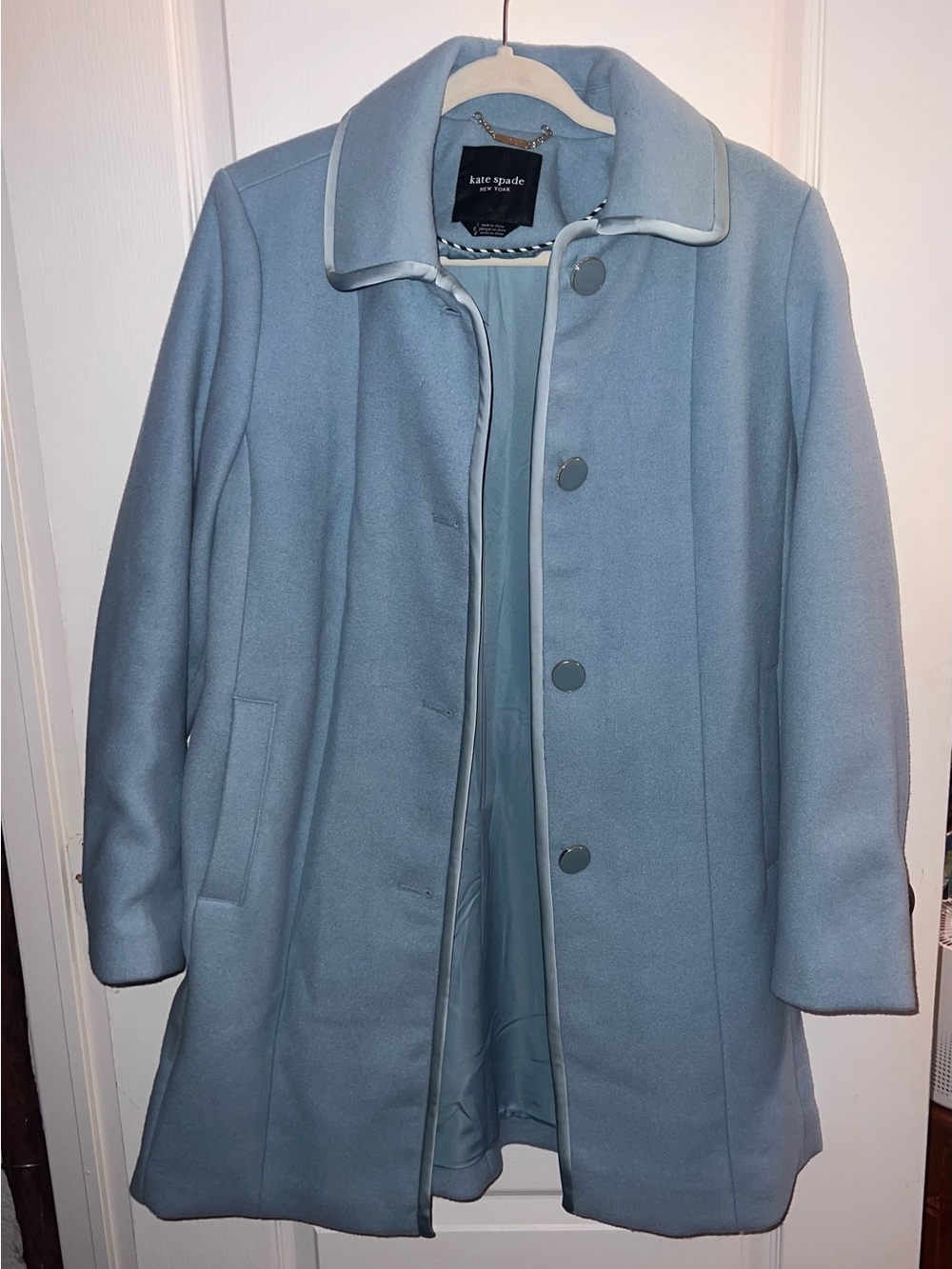💎 NWOT Kate Spade Satin Pipe Trim Wool Blend Car Coat Powder Blue MSRP $400 🧥✨
